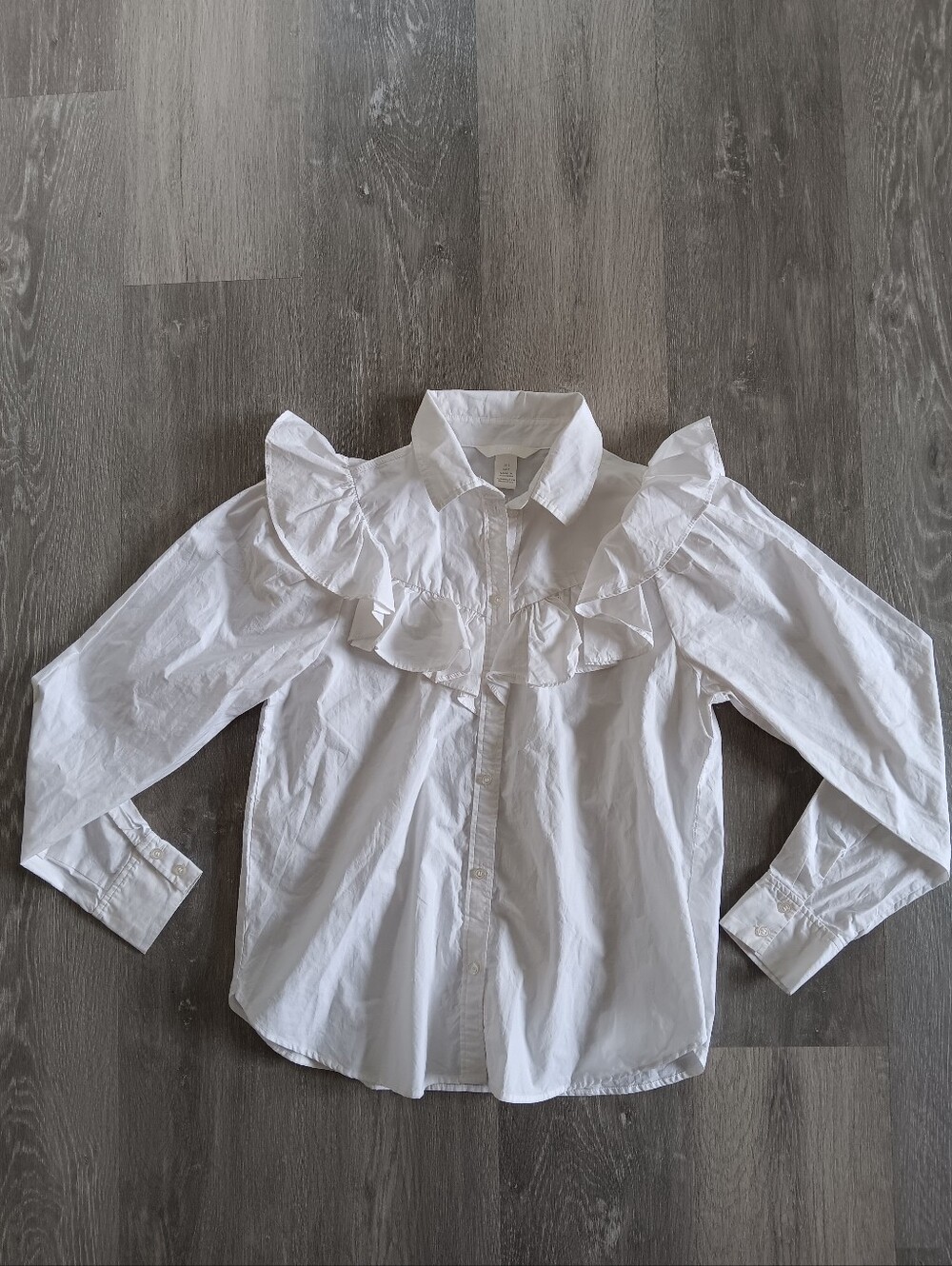 H&M Crisp White Balloon Sleeve Statement Ruffled Cotton Button Down Shirt